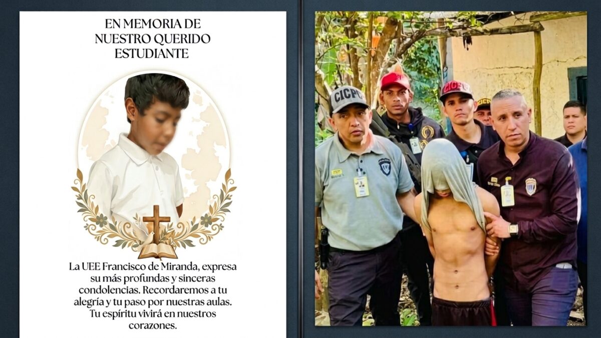 Composición: comunicado de condolencias de la UEE Francisco de Miranda por el niño Maikel Hurtado y funcionarios del Cicpc con uno de los detenidos en Santa Lucía, Miranda