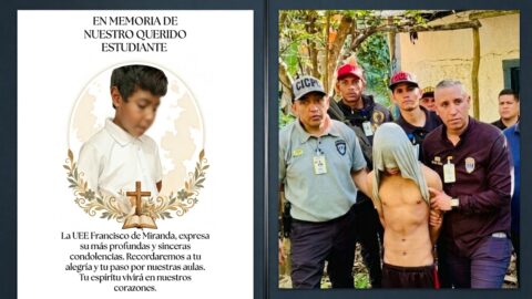 Composición: comunicado de condolencias de la UEE Francisco de Miranda por el niño Maikel Hurtado y funcionarios del Cicpc con uno de los detenidos en Santa Lucía, Miranda