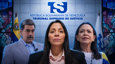 Montaje: la exmagistrada Bárbara César Siero, con María Corina Machado y Nicolás Maduro detrás, ante el TSJ