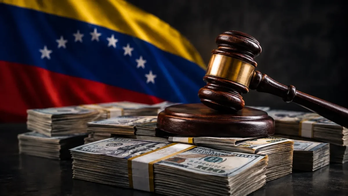 Corrupción en Venezuela: mazo de juez sobre fajos de dólares frente a la bandera venezolana