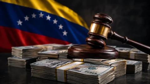 Corrupción en Venezuela: mazo de juez sobre fajos de dólares frente a la bandera venezolana