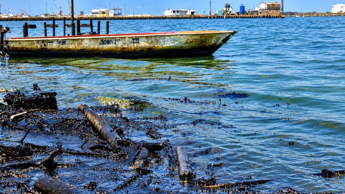 Orilla de la playa Los Coquitos, en Bachaquero, estado Zulia, impregnada de petróleo por la rotura de 36 tuberías sin mantenimiento.