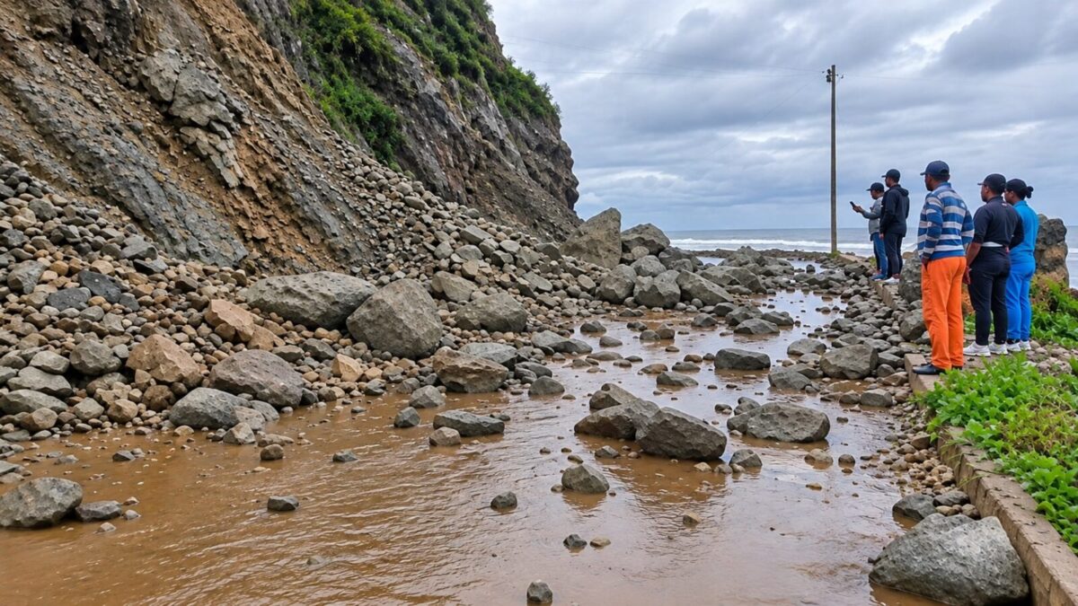 Derrumbe sobre la vialidad costera hacia Chichiriviche de la Costa, en el estado La Guaira