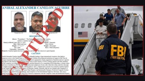 Cartel del FBI con el sello «CAPTURED» sobre Aníbal Canelón Aguirre y agentes escoltando a un detenido con el rostro difuminado