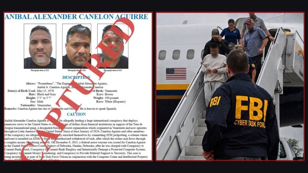 Cartel del FBI con el sello «CAPTURED» sobre Aníbal Canelón Aguirre y agentes escoltando a un detenido con el rostro difuminado