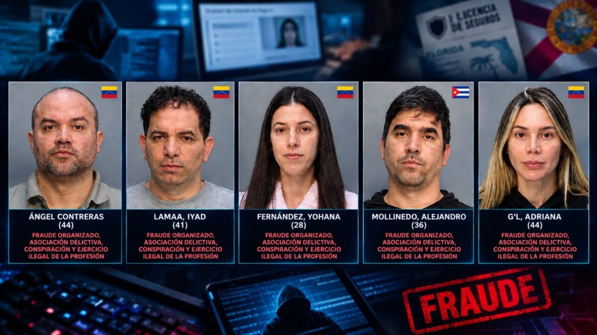 Montaje horizontal con las fotos de ingreso de los cinco detenidos por el presunto fraude con licencias de seguros operado desde Doral.