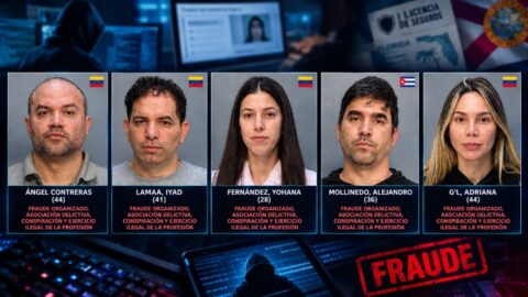 Montaje horizontal con las fotos de ingreso de los cinco detenidos por el presunto fraude con licencias de seguros operado desde Doral.