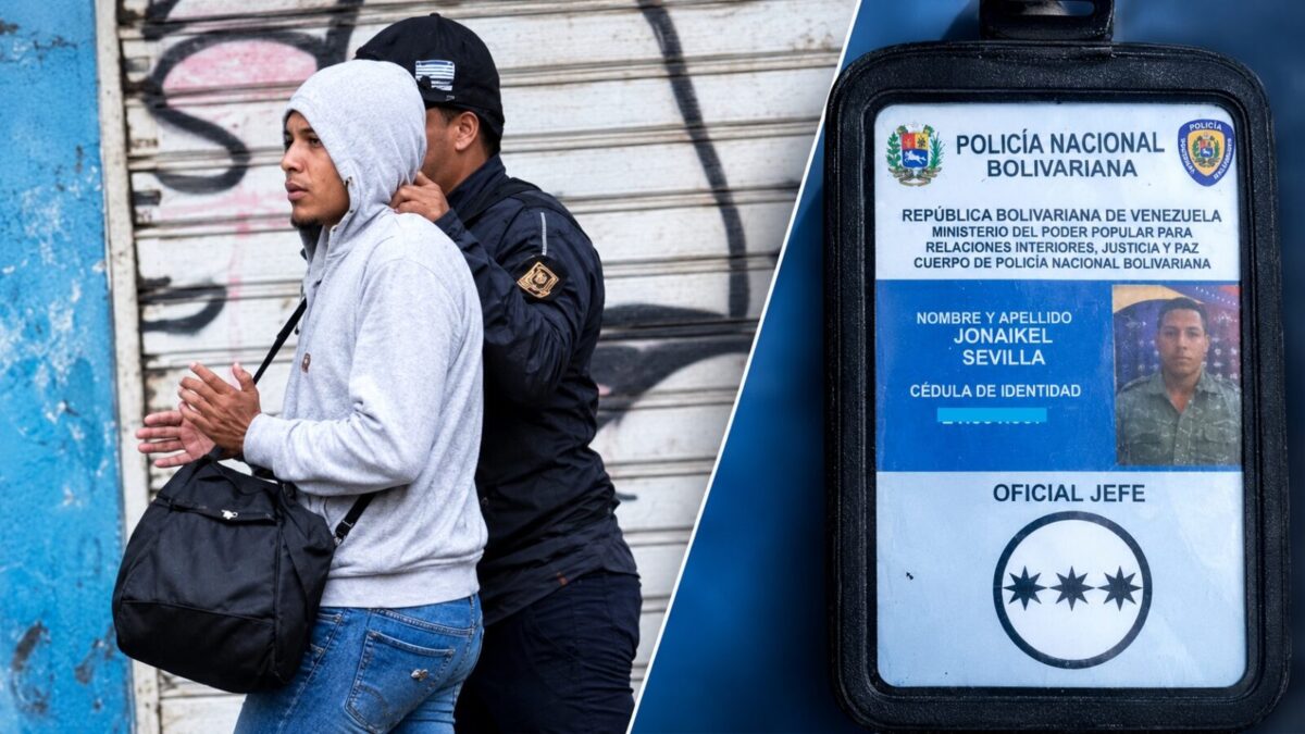 Hombre con capucha gris escoltado por un funcionario, junto al carnet de la PNB de Jonaikel Sevilla, oficial jefe