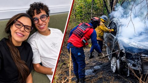 Jorge Alejandro Arreaza Chávez, nieto de Hugo Chávez, sonríe tras el alta; a la derecha, bomberos junto al vehículo calcinado en Barlovento