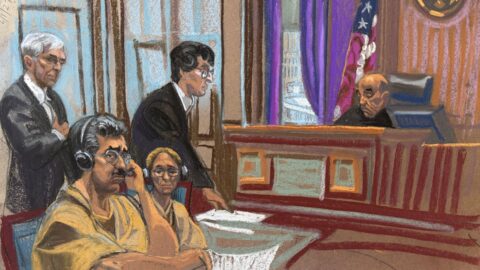 Dibujo de sala de Nicolás Maduro y Cilia Flores con audífonos ante el juez Hellerstein en la corte federal de Nueva York