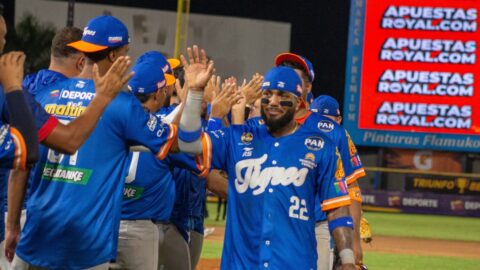 Alberth Martínez, de Tigres de Aragua, batea el sencillo de la ventaja ante Magallanes en el décimo inning en Valencia
